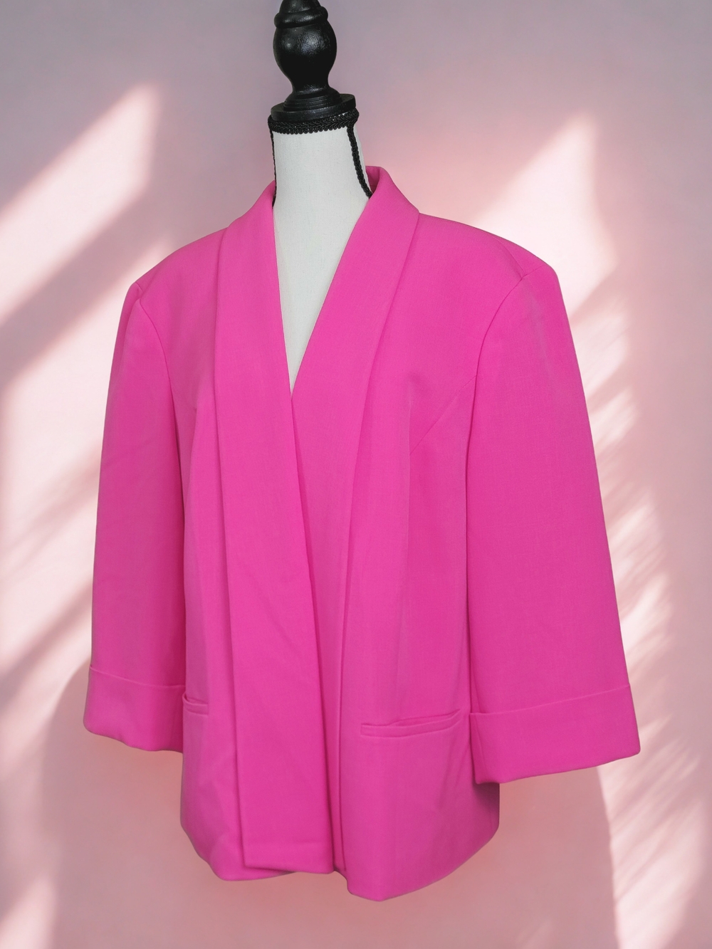 Kasper Fuchsia Hot Pink Open Front Blazer 2XL Wide 3/4 Sleeve Collarless Office